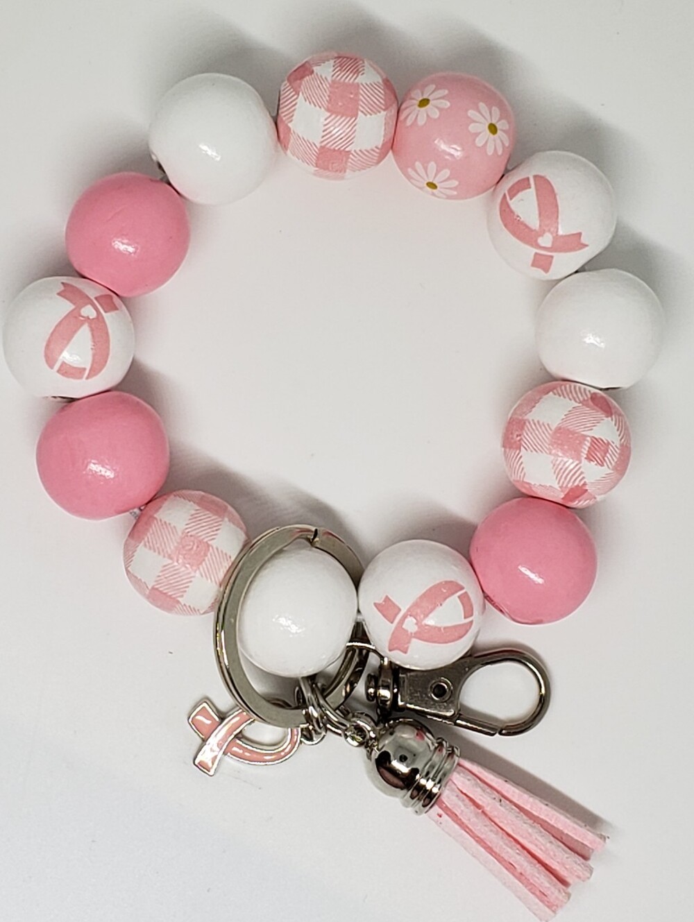 Handmade Wooden Breast Cancer Awareness Wristlet Keychain